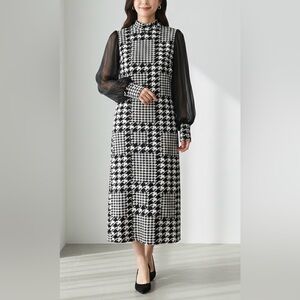 SHEIN Monochrome Houndstooth Long Sleeve Dress